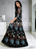 V Neck Half Sleeve Black Print A Line Prom Dress