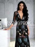 V Neck Half Sleeve Black Print A Line Prom Dress