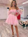 Pink Tulle Sparkle Short Mini Off The Shoulder Homecoming Dress