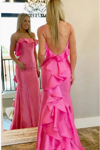 Mermaid Backless Hot Pink Satin Prom Dress With Ruffles