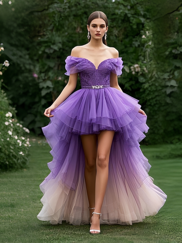 Appliques Purple Ombre Off The Shoulder Beading Prom Dress