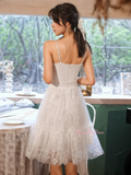 Tulle Short Mini White Lace Flower Homecoming Dress