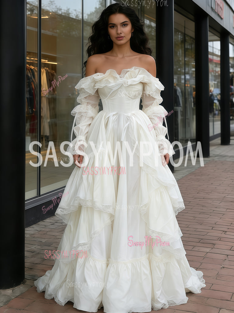 Off The Shoulder Long Sleeve Satin Vintage Wedding Dress – Sassymyprom