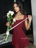 A Line Chiffon Ruched Burgundy Spaghetti Straps Homecoming Dress