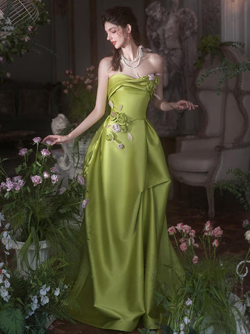 Green Satin Strapless Ruched A Line Flower Prom Dress