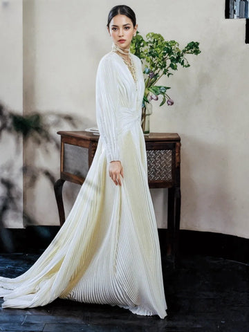 V Neck Pleats Backless A Line Long Sleeve Wedding Dress