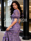Square Trumpet Mermaid Lace Purple Puffy Sleeve Prom Dress