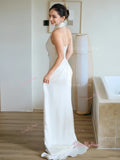 A Line Drape Flower Backless Satin Halter Wedding Dress