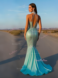 Tulle Trumpet Mermaid Mint High Neck Sparkle Prom Dress