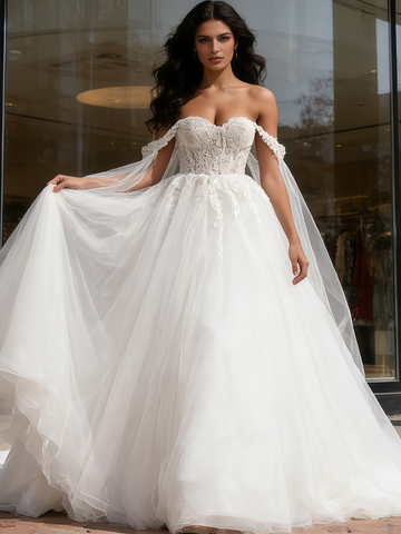 Appliques Tulle Off The Shoulder A Line Wedding Dress