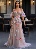 A Line Puffy Sleeve  Floral Off The Shoulder Prom Dress