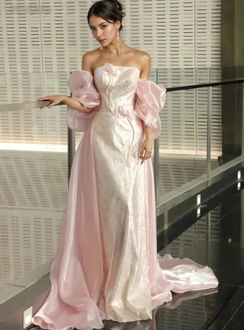 Puffy Sleeves Pink Off The Shoulder Sheath Column Prom Dress