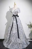 Sequin A Line V Neck Belt Silver Prom Dress