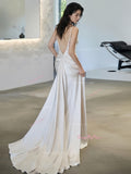 Trumpet Mermaid Backless V Neck Satin Wedding Dress