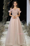 Tulle Off The Shoulder Light Pink  Beading Prom Dress