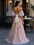 A Line Puffy Sleeve  Floral Off The Shoulder Prom Dress