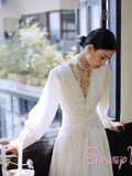 V Neck Pleats Backless A Line Long Sleeve Wedding Dress