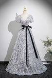 Sequin A Line V Neck Belt Silver Prom Dress