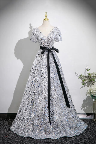 Sequin A Line V Neck Belt Silver Prom Dress