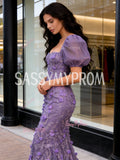 Square Trumpet Mermaid Lace Purple Puffy Sleeve Prom Dress