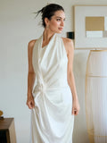 A Line Drape Flower Backless Satin Halter Wedding Dress