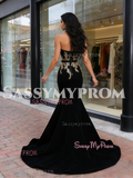 Trumpet Mermaid Appliques Black Vevelt Strapless Prom Dress