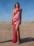 Beading Ruched Satin Pink One Shoulder Prom Dress With Slit