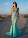 Tulle Trumpet Mermaid Mint High Neck Sparkle Prom Dress