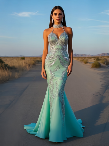 Tulle Trumpet Mermaid Mint High Neck Sparkle Prom Dress