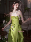 Green Satin Strapless Ruched A Line Flower Prom Dress