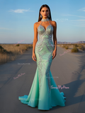 Tulle Trumpet Mermaid Mint High Neck Sparkle Prom Dress