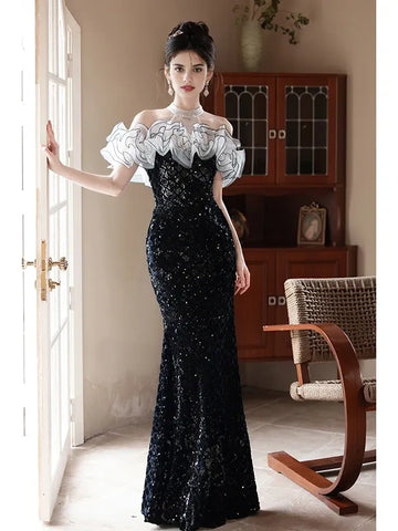 Ruffles Sequin Trumpet Mermaid High Neck Black Prom Dress