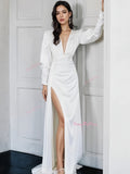 V Neck A Line White Long Sleeve Wedding Dress With Slit