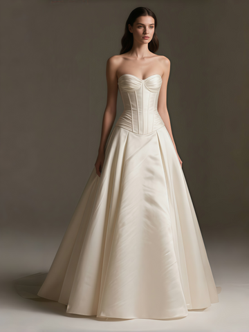 Sweetheart A Line Sweep Train Satin Ivory Corset Wedding Dress