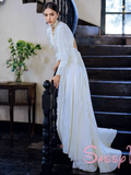 V Neck Pleats Backless A Line Long Sleeve Wedding Dress