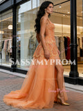 Square High Low Tulle Beading Orange Straps A Line Prom Dress