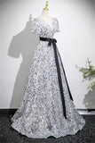 Sequin A Line V Neck Belt Silver Prom Dress