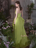 Green Satin Strapless Ruched A Line Flower Prom Dress