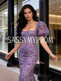 Square Trumpet Mermaid Lace Purple Puffy Sleeve Prom Dress