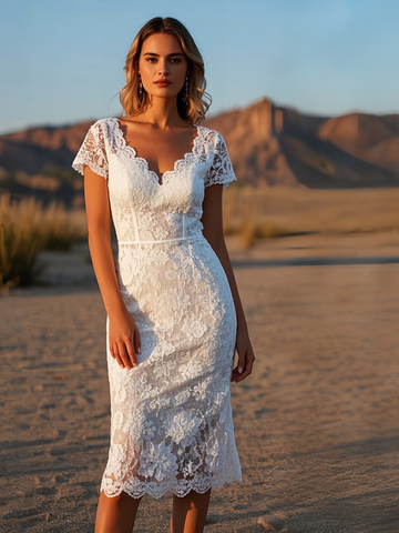 Short Sleeve Sheath Lace V Neck Wedding Dress