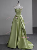 Green Satin Strapless Ruched A Line Flower Prom Dress