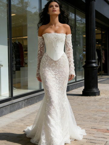 Beading Tulle Trumpet Mermaid Long Sleeve Strapless Wedding Dress