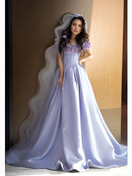 Off The Shoulder Satin Lilac Purple Flower Prom Dress Sassymyprom Off The Shoulder Satin Lilac Purple Flower Prom Dress Sassymyprom