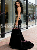 Trumpet Mermaid Appliques Black Vevelt Strapless Prom Dress