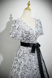 Sequin A Line V Neck Belt Silver Prom Dress