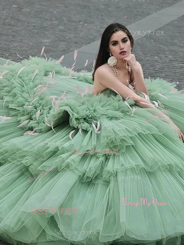green tulle layered dress Hunter Green Tulle Layered Gown L / Hunter Green / 100% Polyester