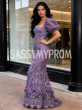 Square Trumpet Mermaid Lace Purple Puffy Sleeve Prom Dress
