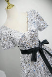Sequin A Line V Neck Belt Silver Prom Dress