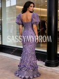 Square Trumpet Mermaid Lace Purple Puffy Sleeve Prom Dress