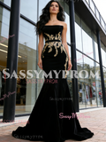 Trumpet Mermaid Appliques Black Vevelt Strapless Prom Dress